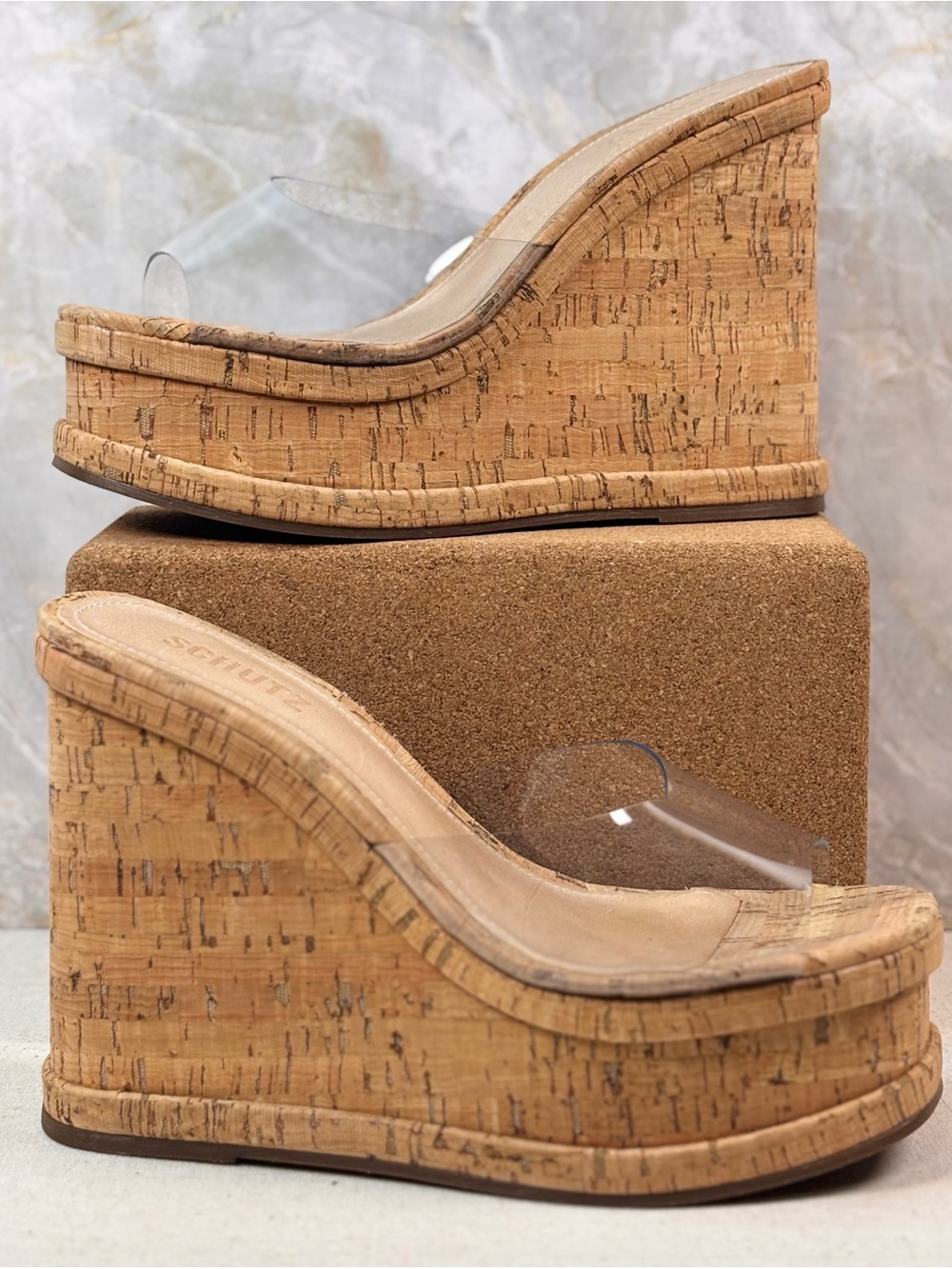 Schutz Cork Platform Wedge Mules Clear Strap Sandals Women’s Size 8B